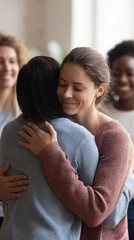 Two women embracing after emotional breakthrough in group therapy while supportive participants smile in background showcasing authentic healing connection and mental health recovery community.