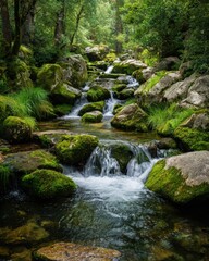 Mountain stream cascading over moss-covered rocks with crystal clear water and lush green forest vegetation showcasing natural filtration system for freshwater conservation and resource management.