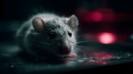 Close up portrait of a small grey mouse in a dimly lit laboratory with red bokeh lighting