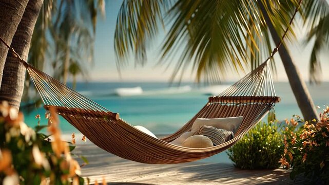 Elegant Hammock Lounge, serene tropical scene with stylish hammock by luxury villa, glowing sunlight and relaxation mood.