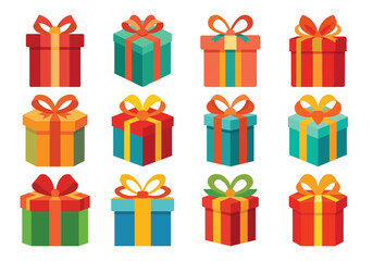 Collection of twelve colorful striped gift boxes with ribbons and bows for holidays and celebrations