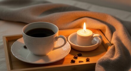 A white cup of black coffee and a lit candle sit on a wooden tray with scattered coffee beans beside a draped textured blanket illuminated by warm light