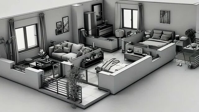 Grayscale isometric floor plan of a modern apartment living room, kitchen, two bedrooms, and balcony