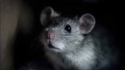 Close up portrait of a curious grey rat looking into the light in a dark environment
