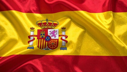 National flag of Spain with red and yellow horizontal stripes and detailed coat of arms featuring historical kingdoms crown and PLUS ULTRA motto for editorial geopolitical heritage and cultural identi