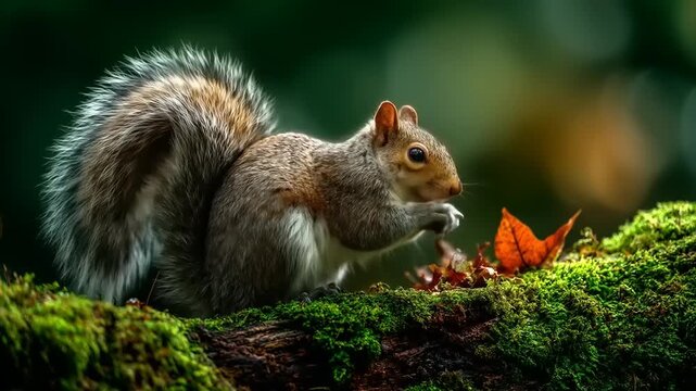 Squirrel resting on mossy branch with autumn leaf