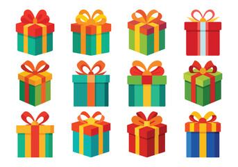 Collection of twelve colorful and festive gift boxes with ribbons and bows for celebrations