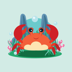 Playful crab surrounded by pink coral and green seaweed and big stones, bright and joyful marine life design.