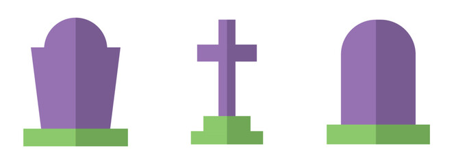 Flat Style Halloween Tombstone and Grave Cross Set in Purple and Green Colors