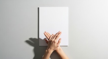 Two hands are positioned over a blank white rectangle on a light gray surface casting distinct shadows
