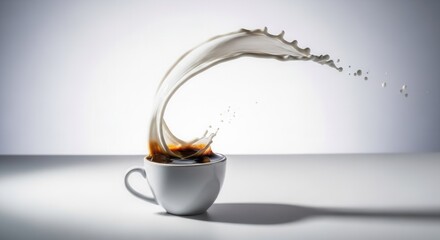 White milk splashes dramatically from a ceramic cup containing dark liquid forming an elegant arc and droplets against a light background