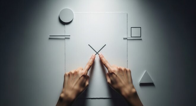 Two hands point at an X on a white square surrounded by a circle lines square outline and triangle on a dark surface under strong light