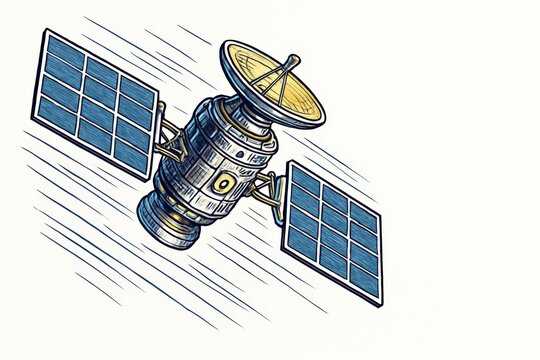 Stylized blue and gold satellite in motion, featuring solar panels and a communication dish.