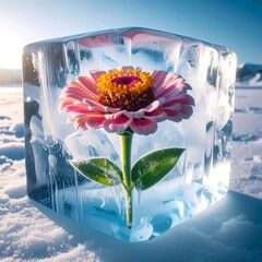 A flower frozen in ice