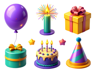 Six Vibrant 3D Plastic Icons Set Birthday Party Celebration Theme Purple Balloon Teal