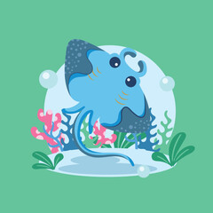Cheerful stingray above red coral reef and seagrass, fun and friendly ocean illustration.