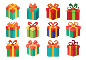 Collection of twelve colorful christmas gift boxes with ribbons and bows