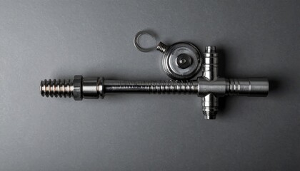 Close Up of a Small Silver Metal Mechanical Part with Screw Thread and Key Ring Against a Textured Gray Background