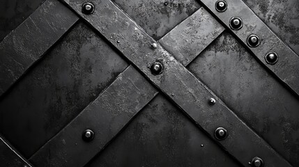 Dark, textured metal surface with intersecting riveted straps, evoking strength, security, and industrial design.