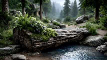 Fototapeta premium A moss-covered log bridging a forest stream.