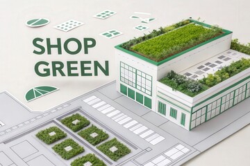 Conceptual illustration of a shopping mall with a green rooftop