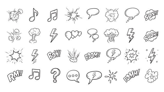 Collection of hand drawn doodle icons featuring music notes hearts lightning bolts and speech bubbles