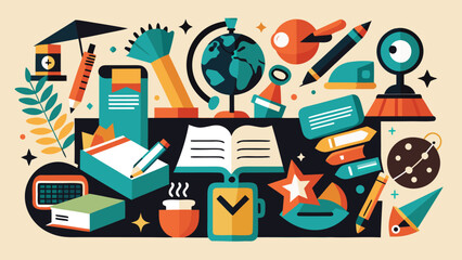 Vibrant clipart representing back-to-school items, including a chalkboard, ruler, and lunchbox, perfect for school-related designs..eps