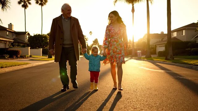 Walking family holding hands at sunset. Child between parent and grandparent on neighborhood street. Scene shows togetherness and love during stroll outdoors. Useful for family lifestyle projects.