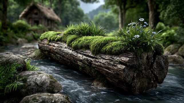 A moss-covered log bridging a forest stream.