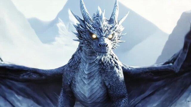 Majestic ice dragon stands proudly on a snowy landscape under a winter sky