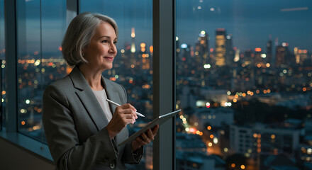 An elegant senior businesswoman, holding a digital tablet, gazes contemplatively at the illuminated city skyline from her modern high-rise office at night.