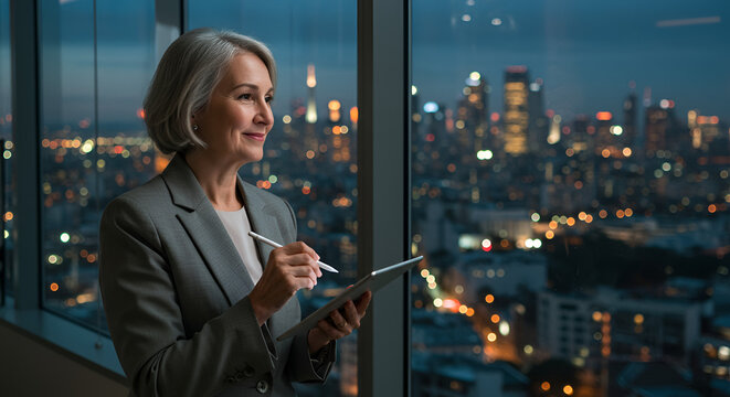 An elegant senior businesswoman, holding a digital tablet, gazes contemplatively at the illuminated city skyline from her modern high-rise office at night.