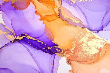 A luxurious, vibrant alcohol ink texture featuring flowing layers of purple, lavender, and bright orange with sparkling metallic gold accents.