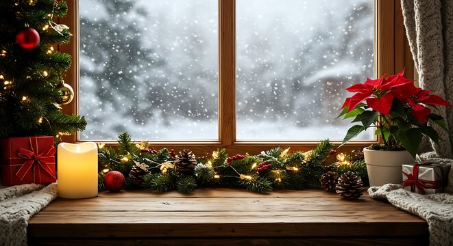 Cozy christmas window view with snow falling outside and decorated tree inside for commercial usage and mockups - Powered by Adobe