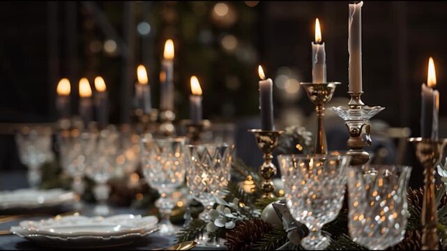 An elegantly set dining table adorned with crystal glassware and candles, creating a warm and inviting atmosphere.