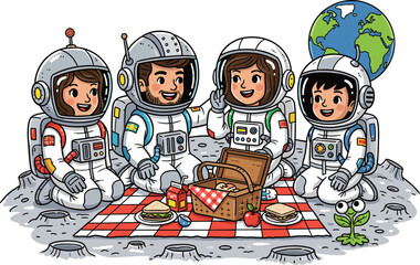 Cartoon astronauts picnic, moon surface, space exploration, international crew, whimsical illustration, food basket, Earth view, vector art, white background