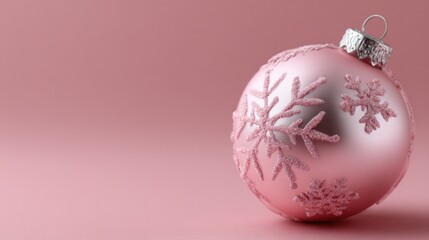 Bright pink Christmas ball with snowflakes resting on a soft pink background during the festive holiday season