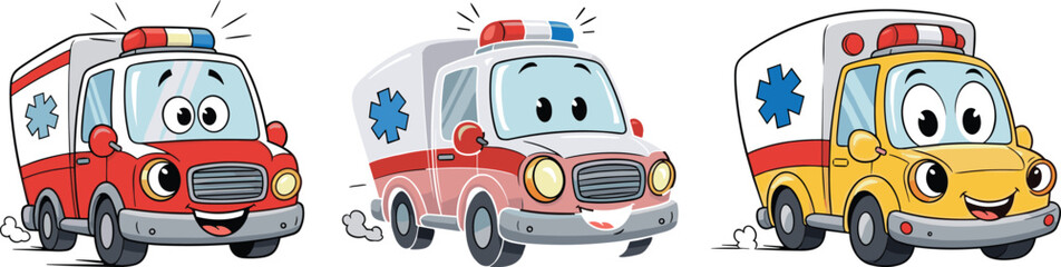 Cartoon ambulances with smiling faces, emergency medical vehicles, colorful kids illustration, anthropomorphic design, vector art, white background, healthcare theme