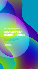 Vibrant abstract shapes overlap black background. Text promotes geometric design, includes call to action. Modern, colorful composition.
