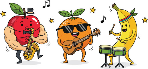 Cartoon fruits playing musical instruments, apple saxophone, orange guitar, banana drums, kids illustration, vector art, white background, fun concept