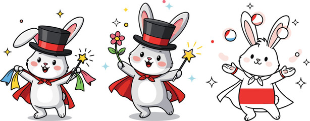 Cartoon magician rabbits performing magic tricks, red cape, black top hat, fantasy animals, kids illustration, vector art, white background
