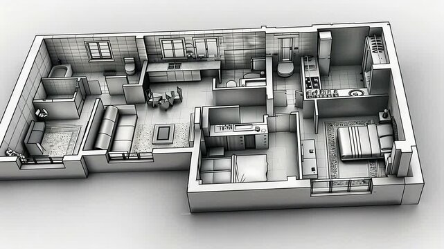 Isometric grayscale rendering of a detailed apartment floor plan with furniture in various rooms