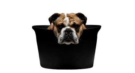 Isolated Photo Bulldog Head in a Black Pot with Water Droplets