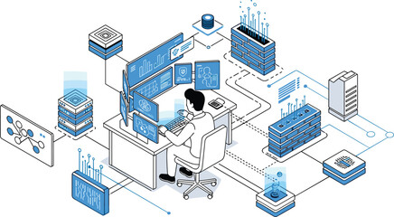 Isometric cartoon data analyst at desk, multiple monitors, digital charts, cloud computing, cybersecurity concept, vector art, white background, tech theme