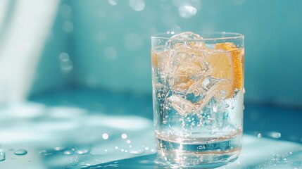 Refreshing glass of sparkling water with ice and lemon slice, perfect for summer hydration and healthy lifestyle promotion.