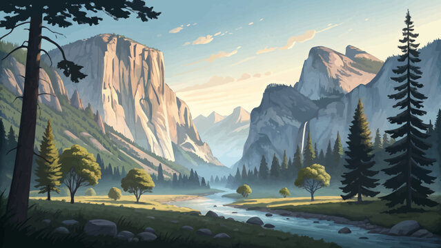 Flat minimal cartoon of Yosemite Valley with tall granite cliffs, pine trees, and soft morning light under blue sky