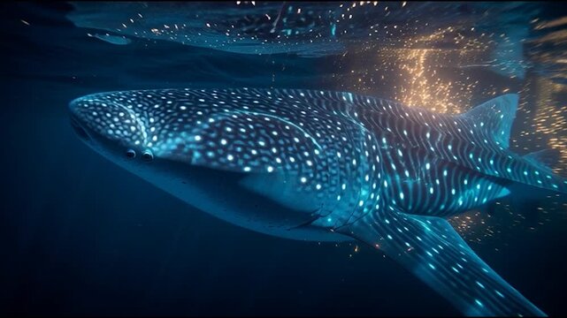 A graceful whale shark glides through the deep blue ocean, showcasing its unique spotted pattern amid shimmering water particles.