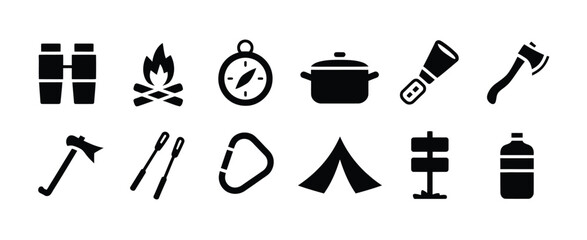 Obraz premium Set of 12 minimalist black and white camping and outdoor adventure vector icons vector