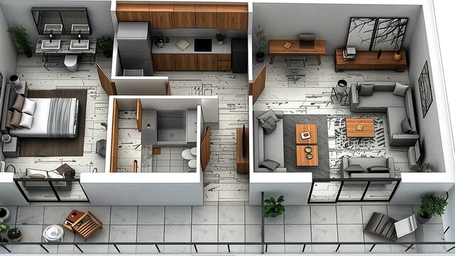 Overhead architectural rendering of a modern apartment featuring living, kitchen, bedroom, bath, and balcony