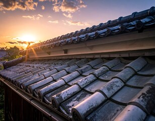 Sunrise over traditional Japanese roof tiles